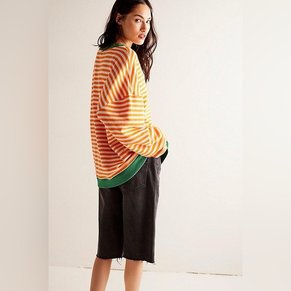 RARE!! Free People Classic Striped Oversized Crewneck💚🧡 - Picture 3 of 5